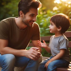 Ein liebevoller Vater und sein Kind sitzen auf einer Bank in der Natur. Der Vater hört aufmerksam zu, während das Kind offen spricht. Beide haben ein warmes, vertrauensvolles Lächeln. Die Szene ist in weichem, natürlichem Licht gehalten und strahlt Geborgenheit und echte Verbindung aus.“Ein liebevoller Vater und sein Kind sitzen auf einer Bank in der Natur. Der Vater hört aufmerksam zu, während das Kind offen spricht. Beide haben ein warmes, vertrauensvolles Lächeln. Die Szene ist in weichem, natürlichem Licht gehalten und strahlt Geborgenheit und echte Verbindung aus.“